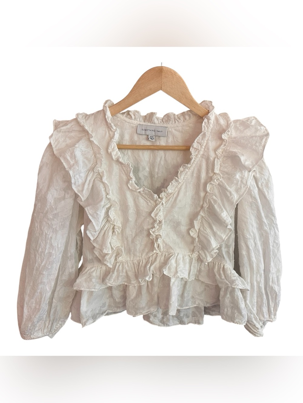 Something Navy Peplum Blouse White V-Neck Ruffle Puff Long Sleeve Jacquard XXS